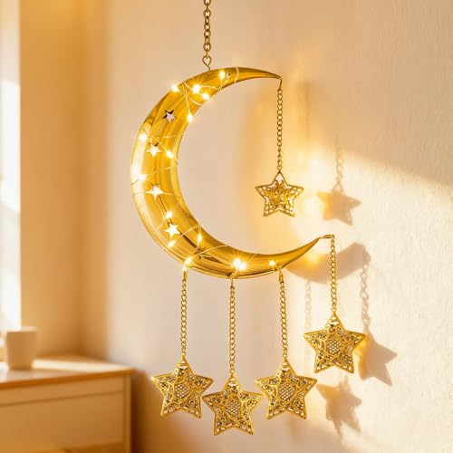 Ramadan Lights Home Decorations, Gold Metal Crescent Moon Hanging Star Lights, Battery Powered Wall Celestial Lamp, Eid Mubarak Bedroom Childrens' Room Window Door Decor, Islamic Muslim Gifts