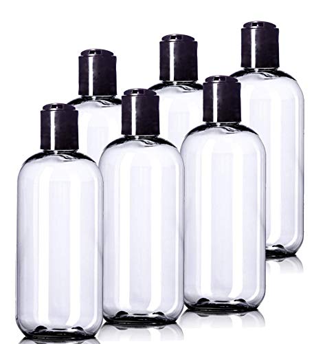 8oz Plastic Bottles (6 Pack) BPA-Free Squeeze Clear Toiletries and Shampoo Containers with Disc Cap, Labels Included for Travel - color: Clear