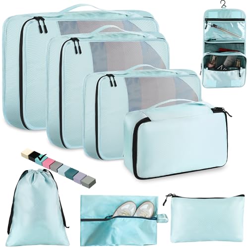 Toncoke 8-Piece Packing Cubes for Travel, 2026 Upgraded Durable Zippers & Reinforced Mesh, Complete Luggage Organizer Set with Shoe/Toiletry/Laundry Bags, 4 Sizes for Suitcase, Men Women, Lake Blue - color: Lake Blue