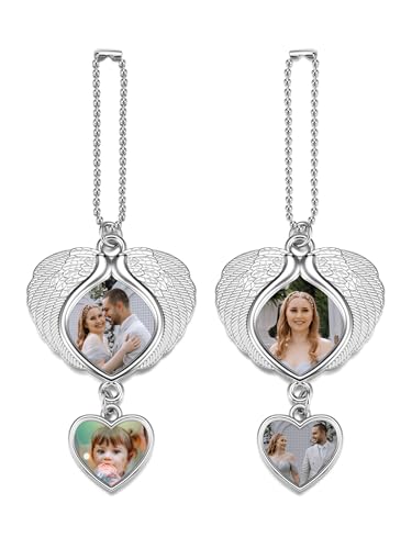 PiercingJ Custom Photo Rearview Mirror Car Charm Double Side Picture Engraving Car Hanging Ornament Angel Wing Car Charm Gift for Men Women - color: Silver(heart)-1 Pc