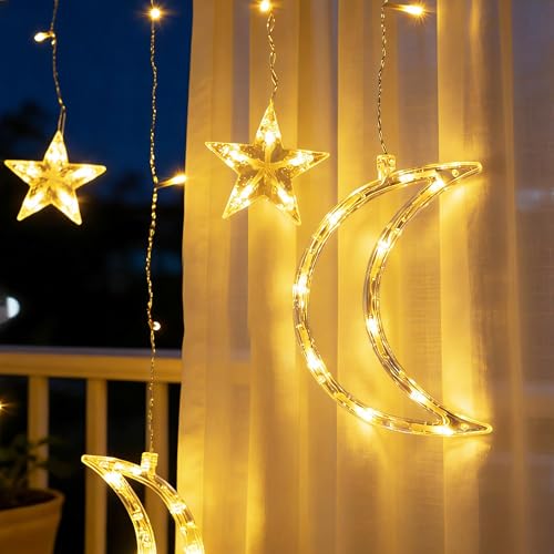 TW SHINE Ramadan Star Moon Curtain String Lights, 138 LED 8.2 FT Star Moon Hanging Lights with 8 Modes and Timer, Waterproof Fairy Lights for Indoor Outdoor Window Holiday Mubarak Ramadan Decorations
