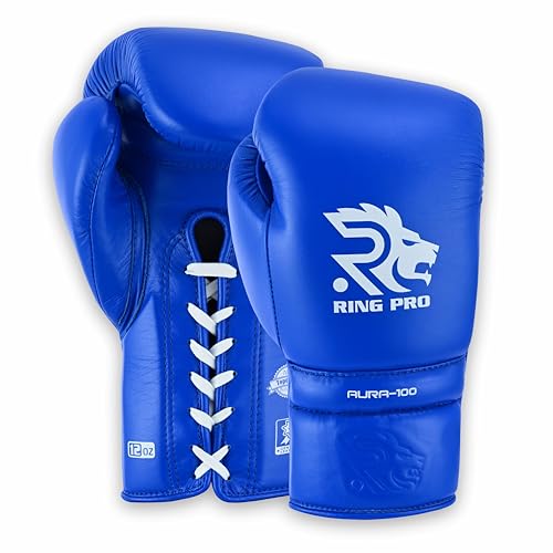 Aura 100 Full Grain Leather Lace Up Boxing Gloves for Men & Women – Professional Training, Sparring, Competition, Muay Thai, Kickboxing & Heavy Bag Gloves - color: Blue, size: 14 OZ