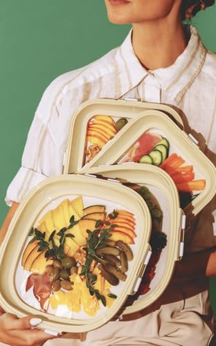 Crudités | Portable Snack Tray | Square 2-Pack | Cream White | Reversible Stretch Lid Food Containers | BPA-Free, Freezer & Dishwasher Safe | Meal-Prep, Charcuterie, Salads, Picnic, Travel - size: Square, 2 Pack
