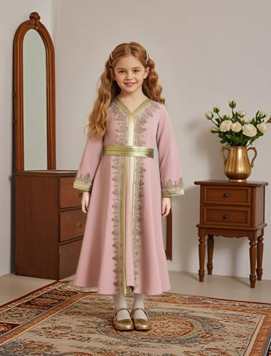 IWEMEK Abaya for Girls Muslim Prayer Dress Kids Islamic Dubai Eid Ramadan Clothes Wedding Saudi Arabic Kaftan Dress with Belt - color: Pink+gold, size: 5-6 Years