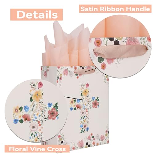 Qirrmiy 13" Large Light Yellow Floral Gift Bag Set with Greeting Card and Tissue Papers for First Communions, Baby Girl Baptisms, Christenings, Religious Occasions - 10.2'x5.2'x13', 1 Pcs. - color: (13'' Large)Light Yellow