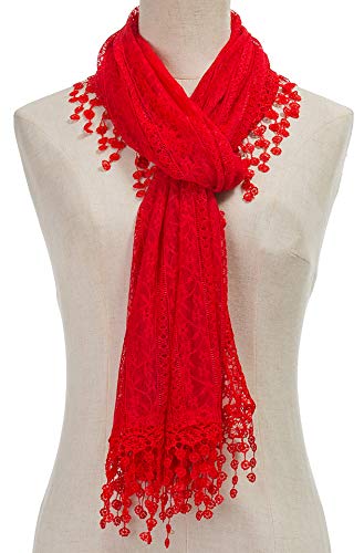 Cindy & Wendy Lightweight Soft Leaf Lace Fringe Scarf Bridal Shawl for Women - color: Red-2