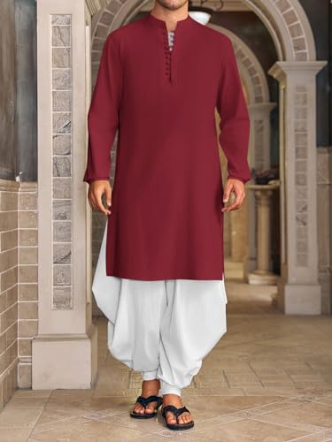 Runcati Mens Kaftan Thobe Button Down Henley Shirts Robe Long Sleeve Casual Cotton Linen Muslim Gown Shirt - color: Wine Red, size: Large