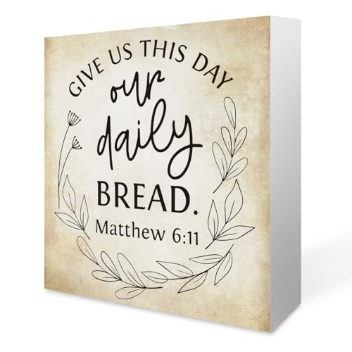 Inspirational Bible Verse Give Us This Day Our Daily Bread Wooden Box Sign Scripture Desk Decor Rustic Scripture Wood Block Plaque Box Sign for Home Office Shelf Table Decoration - color: Matthew 6:11