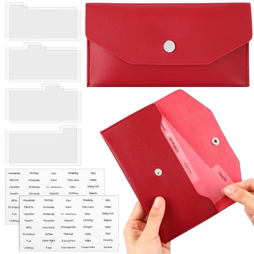 Frienda 1 Cash Envelope Wallet PU Leather Reusable Budget Envelope 8 Cash Dividers 2 Sheets Category Sticker Labels for Wallets Bill Planner(Red,Classic) - color: Red Wallet, style: Classic