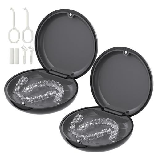 2 Pack Retainer Case, Slim Aligner Case for Invisalign with Tool Kit | 2 Pack Slim Magnetic Retainer Case for Invisalign • Pocket-Size for Travel • Full Kit: Removal Tool, Seater & Brush - color: 2 Pack - Space Black