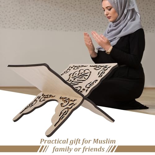 Quran Holder Foldable Wooden Quran Stand Book Holder for Prayer Reading, Muslim Bible Display, Cookbook Magazine Stand for Home Mosque Chapel 9.8x8.1x6.7'' Wood Color