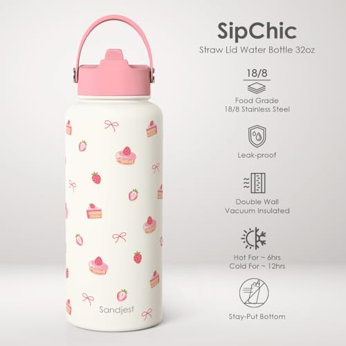 Strawberry Cakes Water Bottle Stainless Steel 32oz with Lid & Straw, Sweets Desserts Aesthetic Insulated Bottles Gifts for Baker Girls Friends Teens Birthday Christmas - color: Strawberry