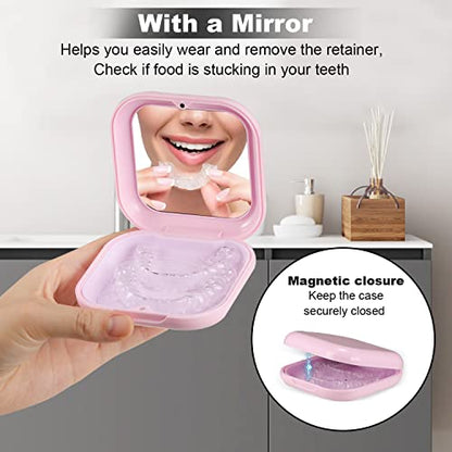 Retainer Case, Slim Aligner Case with Mirror, Compatible with Invisalign, Night Guard and Mouth Guard, Premium Retainer Case, With Aligner Remover Tool, Chew & Brush, Pink - color: Square: Pink