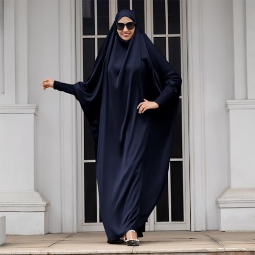 IDOPIP Muslim Abaya for Women One Piece Long Sleeve Islamic Prayer Dress with Hooded Hijab Maxi Kaftan Robe Modest Clothes - color: Navy Blue