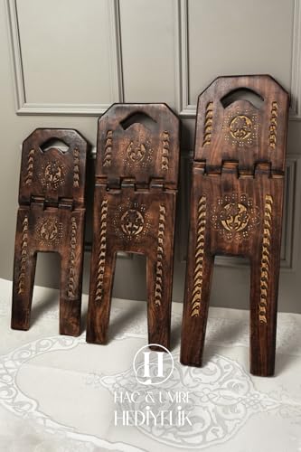 Handmade Solid Wood Rehal - Large Size (26.8 x 8.7 in) Folding Book Stand with Decorative Handles for Quran and Book Reading - Wood Finish - Large
