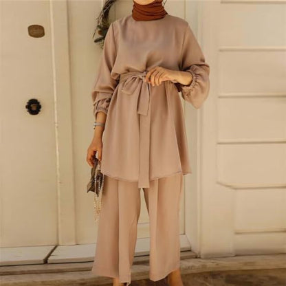 IWEMEK Abayas for Women Muslim Long Sleeve Loose Top Pants 2 Pcs Eid Ramadan Outfits Casual Islamic Muslim Clothes with Belt - color: Khaki, size: XX-Large