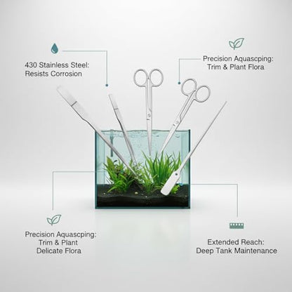 Aquarium Maintenance Tool Set - 430 Stainless Steel Long Reach Scissors, Tweezers & Sand Shovel for Fish Tanks