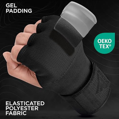 RDX Gel Boxing Hand Wraps Inner Gloves Men Women, Quick 100cm Long Wrist Straps, Elasticated Padded Fist Under Mitts Protection, Muay Thai MMA Kickboxing Martial Arts - color: Full Black, size: Medium
