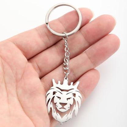 Dreamtimes Lion With King Crown Keychain for Men Stainless Steel Lion Punk Rock Keychain Bag Car Key Pendant Keychain - color: Silver-1