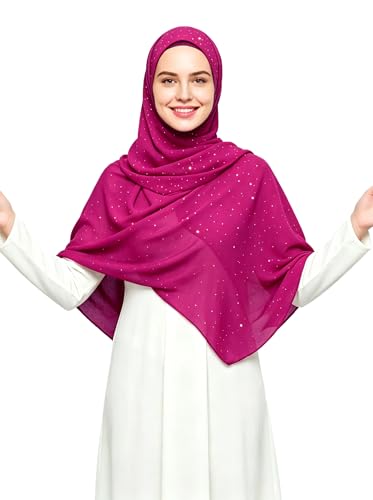 Lina & Lily Sparkle Shimmer Gold Glitter Women's Chiffon Hijab Head Scarf Shawl Wrap Lightweight - color: Dark Pink