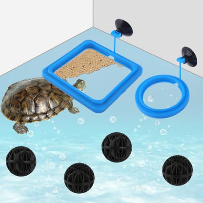 2pcs Fish Feeding Ring, Round and Square Fish Tank Feeding Ring with 4pcs Nitrifying Balls Suction Cup Aquarium Floating Food Feeder Circle for Turtle, Tortoise, Goldfish, Guppy, Koi, Puffer