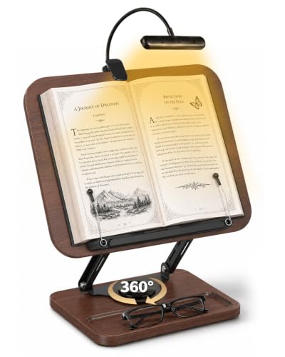 Adjustable Book Stand for Reading with Light, Book Holders for Reading Hands Free, Ergonomic Reading Stand for Cookbooks,Bibles,Laptop & Tablet with Page Clips & 360° Rotating Bases for Study & Office