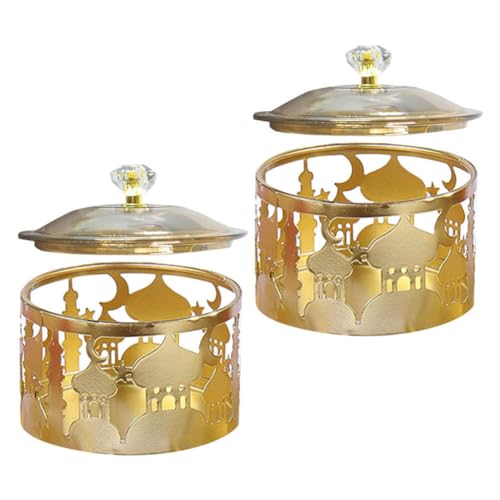 Ciieeo Ramadan Serving Trays 2pcs Round Candy Dish with Lid Metal Eid Mubarak Snack Tray Sugar Storage Bowl Islam Plate Muslim Party Table Decor Golden
