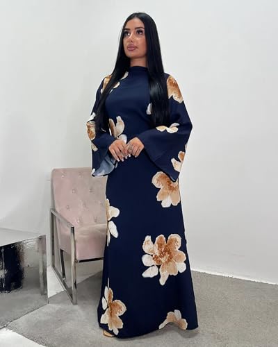 Women Butterfly Abaya Elegant Prayer Dress with Bell Sleeve, Waist Tie, Stylish Floral Printed Maxi Robe - color: Navy, size: Small
