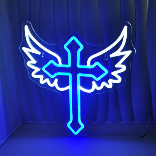 JEDAEMEN Cross Wings Neon Signs for Wall Decor White Blue LED Light Sign - color: Cross