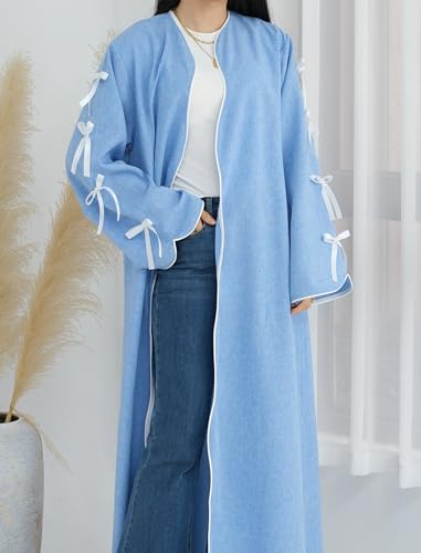 ODIZLI Women's Eid Abaya Dresses Long Sleeve Open Front Pearl Bowknot Prayer Dress Ramadan Cardigan Dubai Kaftan - color: Blue, size: Small