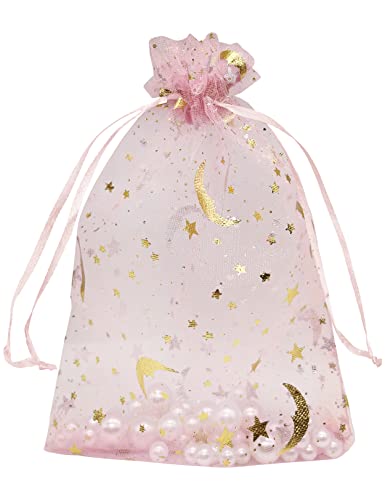 Jexila 100PCS Moon Star Organza Bags 5''X7'' Pink Mesh Gift Bags Drawstring Jewelry Makeup Bag Small for Wedding Party Favor Goodie Candy Bags - color: Pink Moon Star
