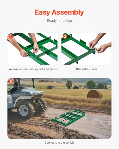 VEVOR Drag Harrow, 4 ft Heavy Duty Tow Behind Drag Harrow with Adjustable Bars & 72 in Chain, Driveway Grader Landscape Rake for ATV, UTV, Tractor, Mower Tow Behind Yard Lawn Leveling Tool - size: 4 FT- Green
