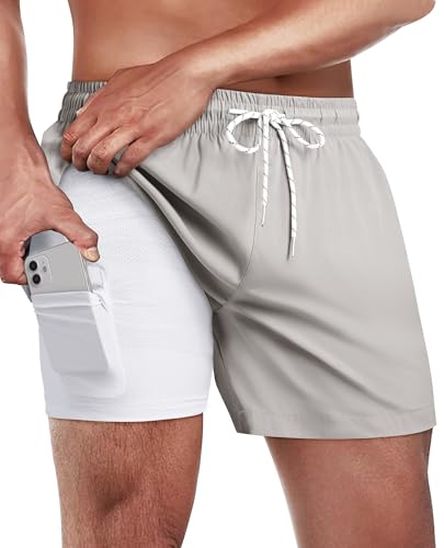 Gleeease 5 Inch Mens Swim Trunks with Compression Liner Men's Bathing Suit | Mens Swim Shorts 4 Pockets Quick Dry 2 in 1 Water Resistant Solid Stretch Breathable Surfing Beach Elastic Waistband Swimsuit - color: Light Grey, size: Small