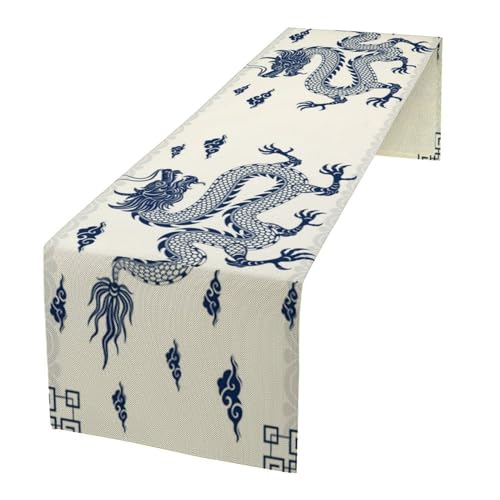 Asian Dragon Table Runner, Zodiac Sign Chinese Traditional Paper Cut Art Culture Blue Dragon Print Table Runner for Holiday Decor Kitchen Dining Table, 13x36inch - color: Asian-1, size: W13"x L36"
