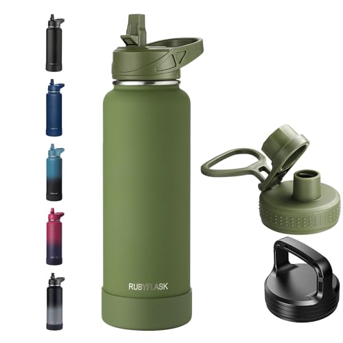 RUBYFLASK 40 oz Insulated Stainless Steel Water Bottle with Straw | 3 Lids, Wide Mouth, Metal Vacuum Leakproof Water Jug Flask and Handle, Large Thermal Cup with Silicone Boot, Armygreen - color: Army Green, size: 40 Ounces