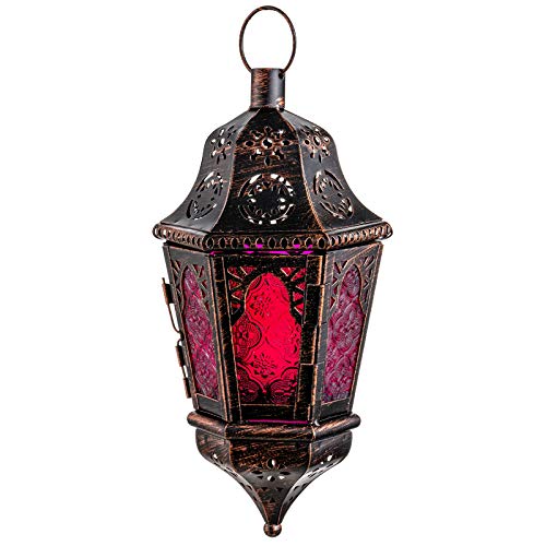 Moroccan Decorations, Lantern Decorative Indoor & Outdoor, 13.6’’ Vintage Decorative Hanging Lantern with Chain for Home Porch Patio Decor, Metal Ramadan Christmas Candle Holders(Plum Red) - color: Plum Red