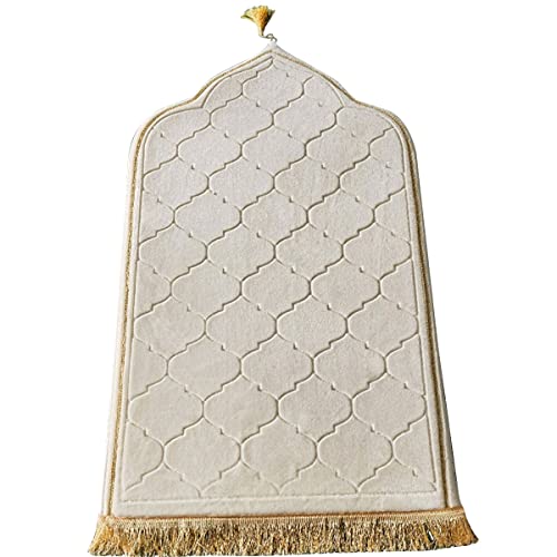Muslim Prayer Mat - Thick Soft Velvet Portable Rug, Turkish Carpet, Janamaz Sajada for Men and Women - Plain Solid Ramadan Eid Gift - Milky White - color: Milky White