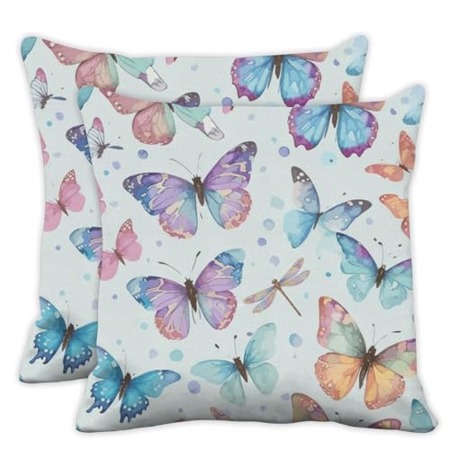 Watercolor Butterfly Pillow Covers Set of 2 Blue Spring Pillow Covers 18x18 in Natural dreamly Blue Purple Pillows Cover Gift Dragonfly Pillows Cover Decor Spring Butterflies pillowcover - color: Spring Butterfly