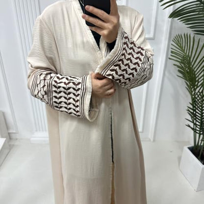Muslim Abayas for Women Long Sleeve Embroidered Open Front Cardigan Turkey Dubai Maxi Kaftan Dress Ramadan Kimono with Belt - color: Beign, size: X-Large