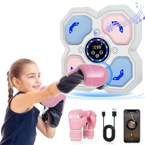 Music Boxing Machine for Kids and Teens Adults, Trainer Equipment with Gloves, Wall-Mounted Boxing Music Workout Machine, LED Electronic Focus Training for Home,Office, Gym - style: Punch-pink