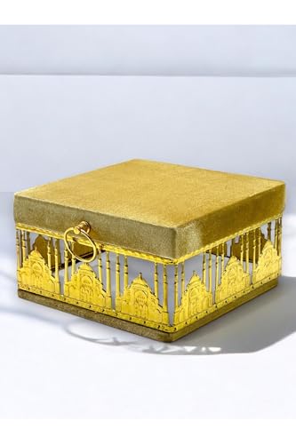 SODEF Mosque Motif Wooden Chest Gift Set - Quran, Pearl Prayer Beads, Zikirmatik, Bookmark & Prayer Rug | Yellow - Gold, 26 cm