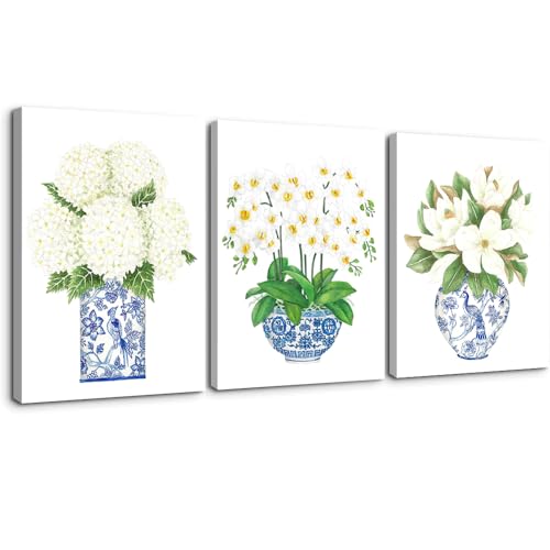 LUHDFYS White Orchid & Magnolia Watercolor Chinoiserie Decor Canvas Print Oriental Vase Blue White Willow Style Porcelain Flower Jar Wrapped Canvas - color: Chinese Flower Prints, size: 16"L x 12"W