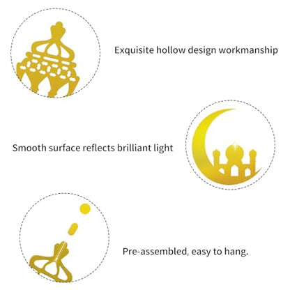 16pcs Ramadan Decorations Gold Star Moon Lantern Garland Pre-Assembled Shining Hanging Ramadan Mubarak Eid Decorations Banner Streamer for Eid Mubarak Decor Home Party Supplies