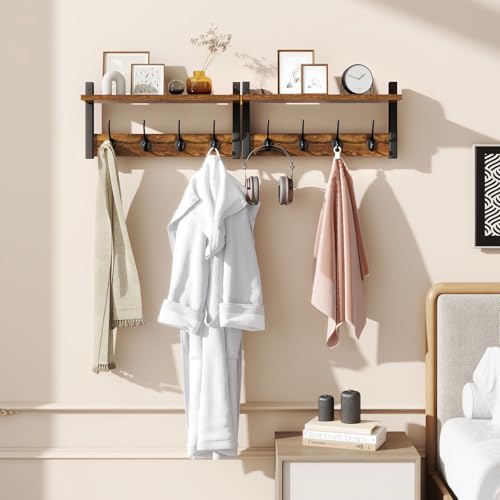 YMYNY Coat Rack Shelf Wall Mounted, Coat Hooks Set of 2, Entryway Coat Hanger with 8 Hooks, 31.5" Wall Floating Shelf with Hat Rack, for Kitchen, Bedroom, Bathroom, Rustic Brown UHWS001H-2 - color: Rustic Brown, size: 31.5"-2 pack