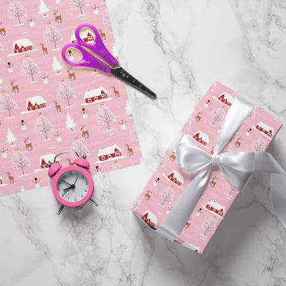 Cuitpan Pink Christmas Wrapping Paper - Xmas Gift Wrap with Snowy Houses, Reindeer, Snowmen & Trees Design - Perfect for Kids & Adults Gift Wrapping - 40×28 Inches, 4 Folded Sheets - color: Christmas-House
