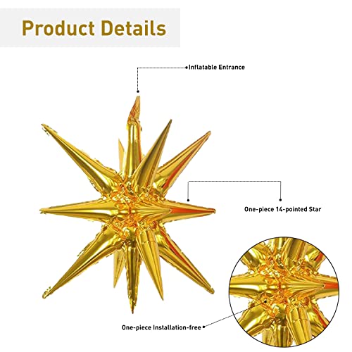 6 Pcs Gold Star Foil Balloons One-Piece 14-Pointed Star Balloon 4D Starburst Cone Mylar Balloon 22inch Christmas Birthday Wedding Wedding Anniversary Party Supplies(Gold) - color: 22 Inches Gold