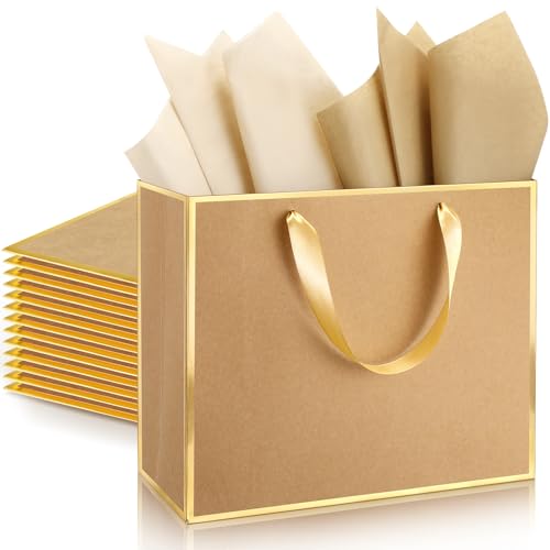 ReliThick 12 Pack Paper Gift Bag with Handles & Tissue, Kraft, Gold - color: Kraft, Gold