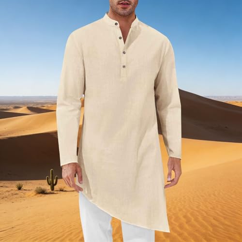 Mens Kaftan Robe Thobe Cotton Long Sleeve Henley Shirt Casual Muslim Gown Kurta Tops - color: Khaki, size: X-Large
