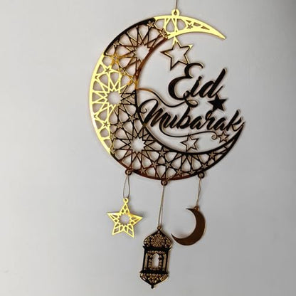 FUNCATCHER Ramadan Decorations for Home - 8.5x8.5 Inch Golden Acrylic Crescent Moon Hanging Ornaments, Islamic Eid Wall Door Decor (1, B)