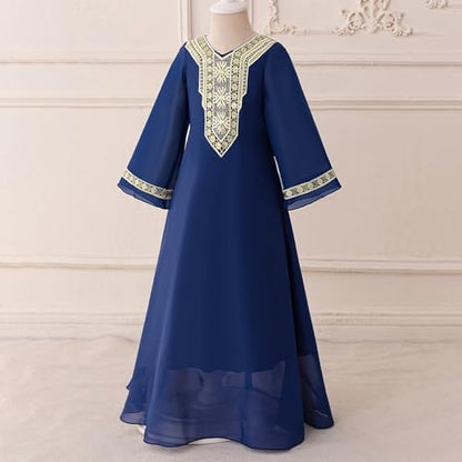 Toddler Girls Muslim Abaya Dress Islamic Dubai Modest Lace Belted Dress Abayas Kaftan Eid Prayer Clothes Arabian Maxi Robe - color: Navy-b, size: 3-4T